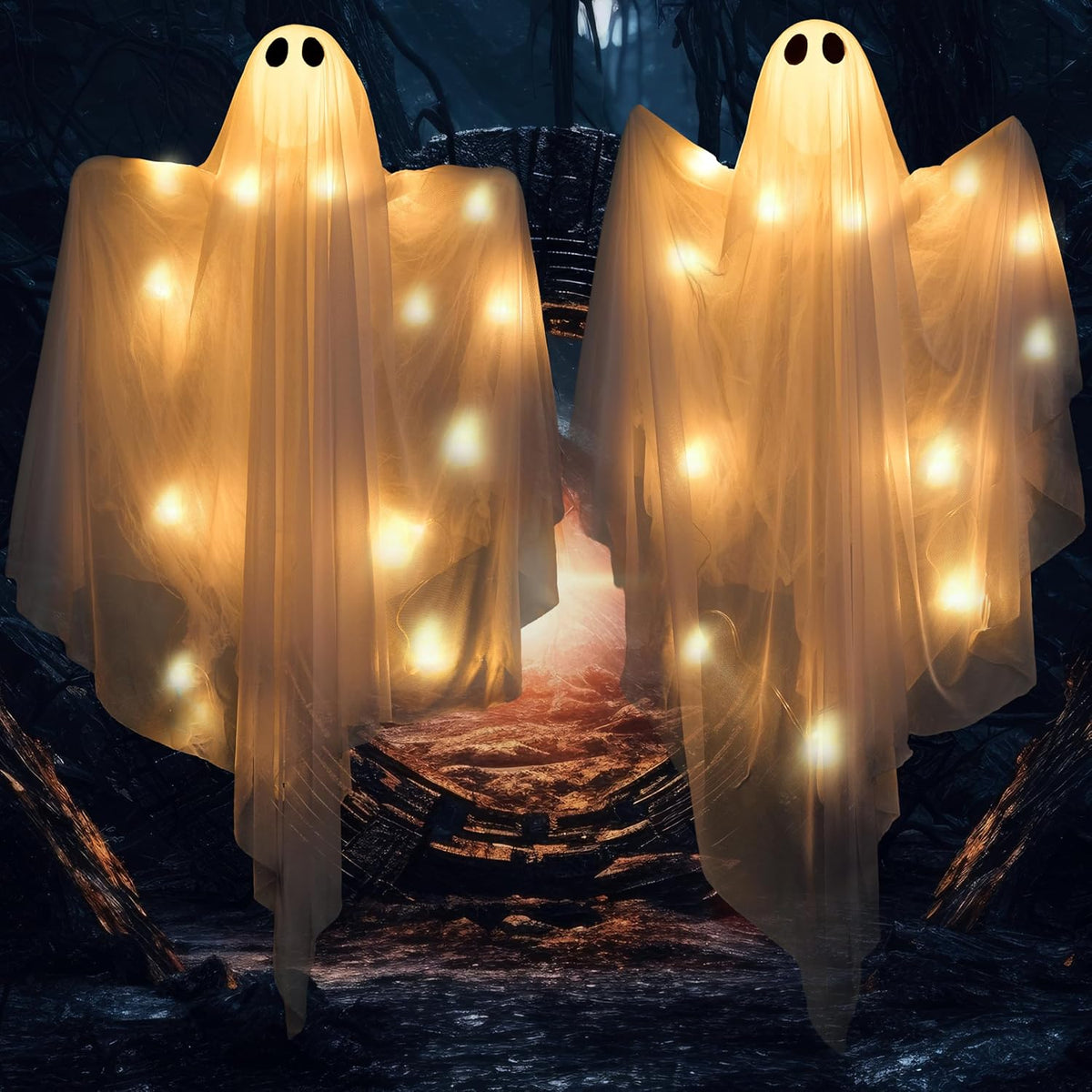 JOYIN Hanging Lighted Ghosts – Thoughtful Halloween Gift for Hosts and Home Decor Lovers, 47-Inch Animated 2 Pack with Timer