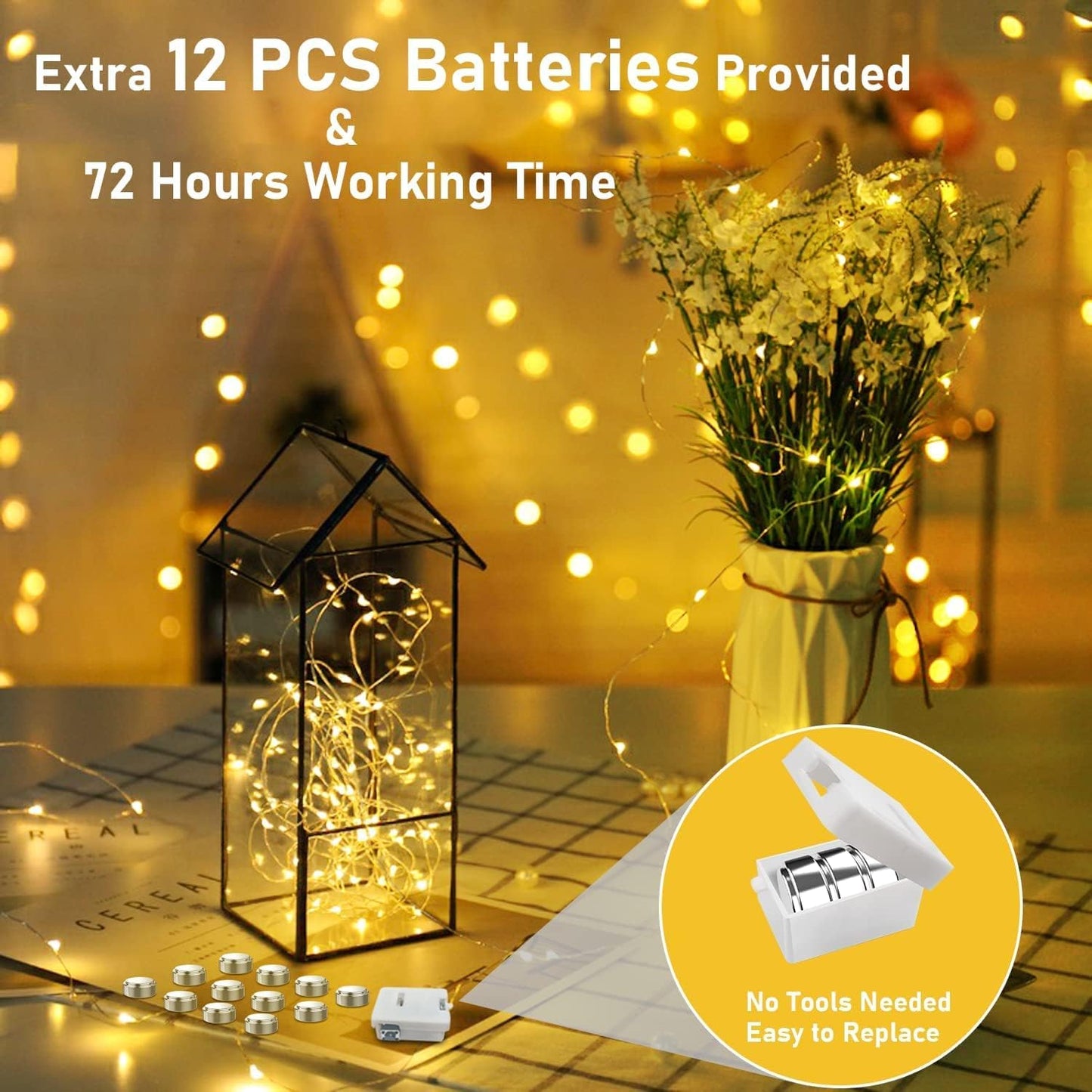 48 lr44 batteries included (3 per light plus 12 spares) supporting 72+ hours of runtime