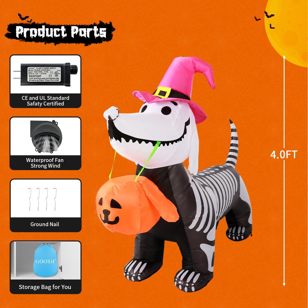 GOOSH Cute Skeleton Puppy Halloween Blow Up for Kids' Room, Backyard, and Family-Friendly Trick-or-Treat Night