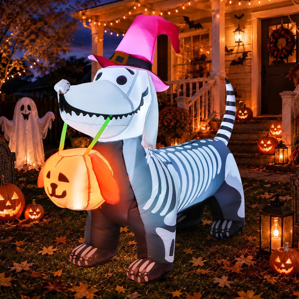 5.5 ft skeleton puppy inflatable with pumpkin accent