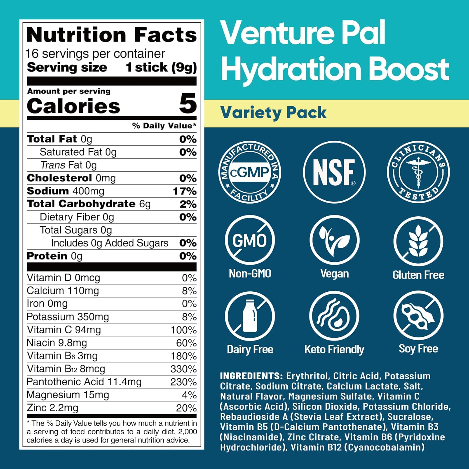 5 added vitamins (b3, b5, b6, b12, c) for energy and recovery support
