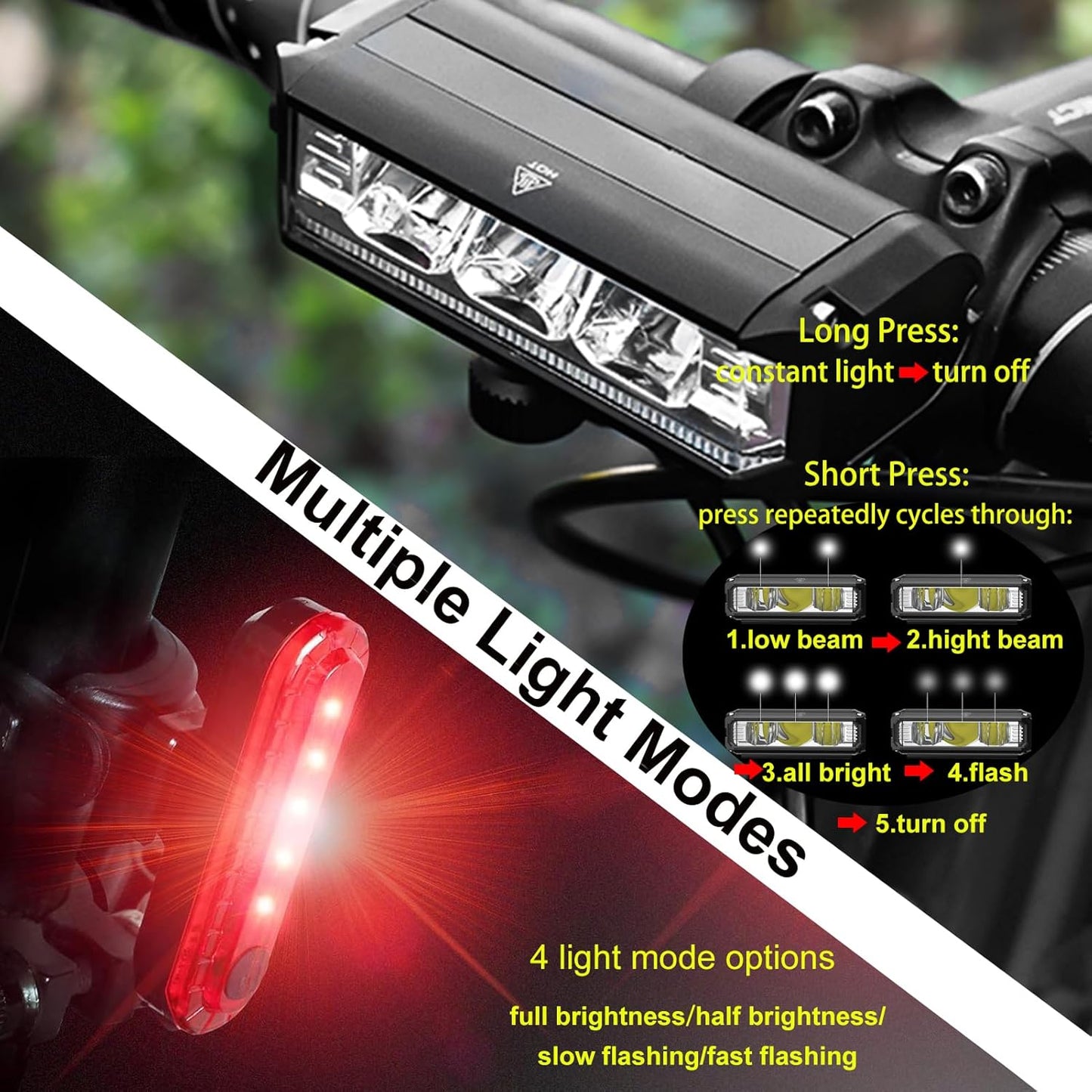 5 adjustable lighting modes on headlight plus 4 modes on taillight (low/high/all/flash/constant)