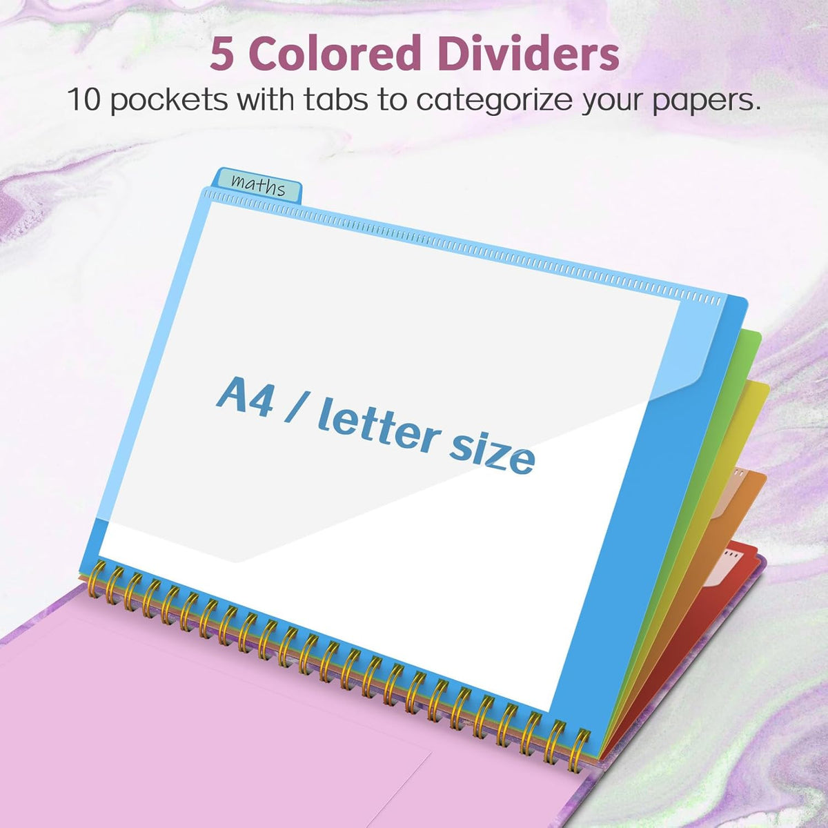 5 colored tabbed dividers creating 10 clear storage pockets for letter-size documents