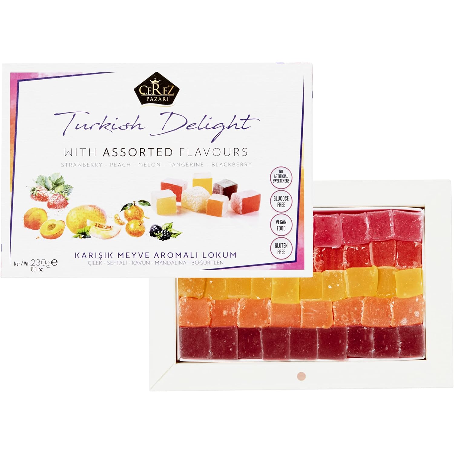 5-flavor assorted lokum set: strawberry, peach, melon, tangerine, blackberry