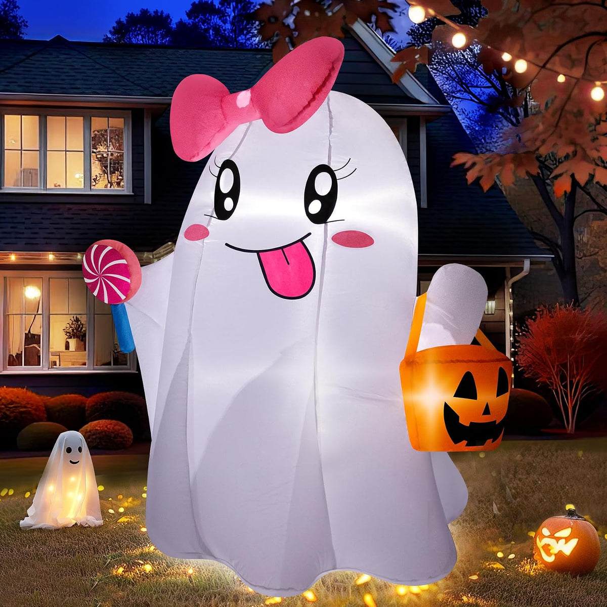 5-foot tall inflatable ghost with pink bow, pumpkin basket, and pink lollipop