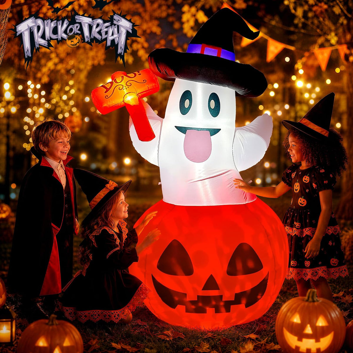 JOYIN 5 FT Glow-in-the-Dark Inflatable Pumpkin Ghost for Kids' Halloween Night Yard and Play Area Setup