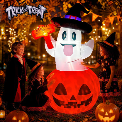 JOYIN 5 FT Glow-in-the-Dark Inflatable Pumpkin Ghost for Kids' Halloween Night Yard and Play Area Setup
