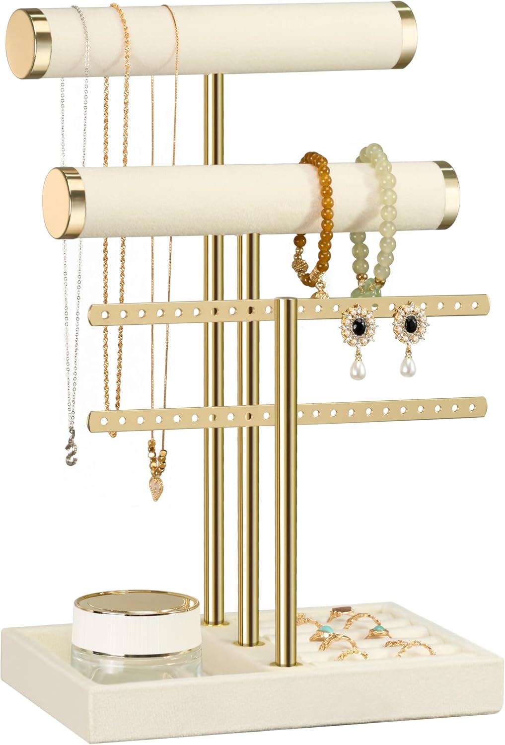 5 functional layers: 2 velvet rods, 1 metal t-bar, 1 ring tray, and 1 catch compartment