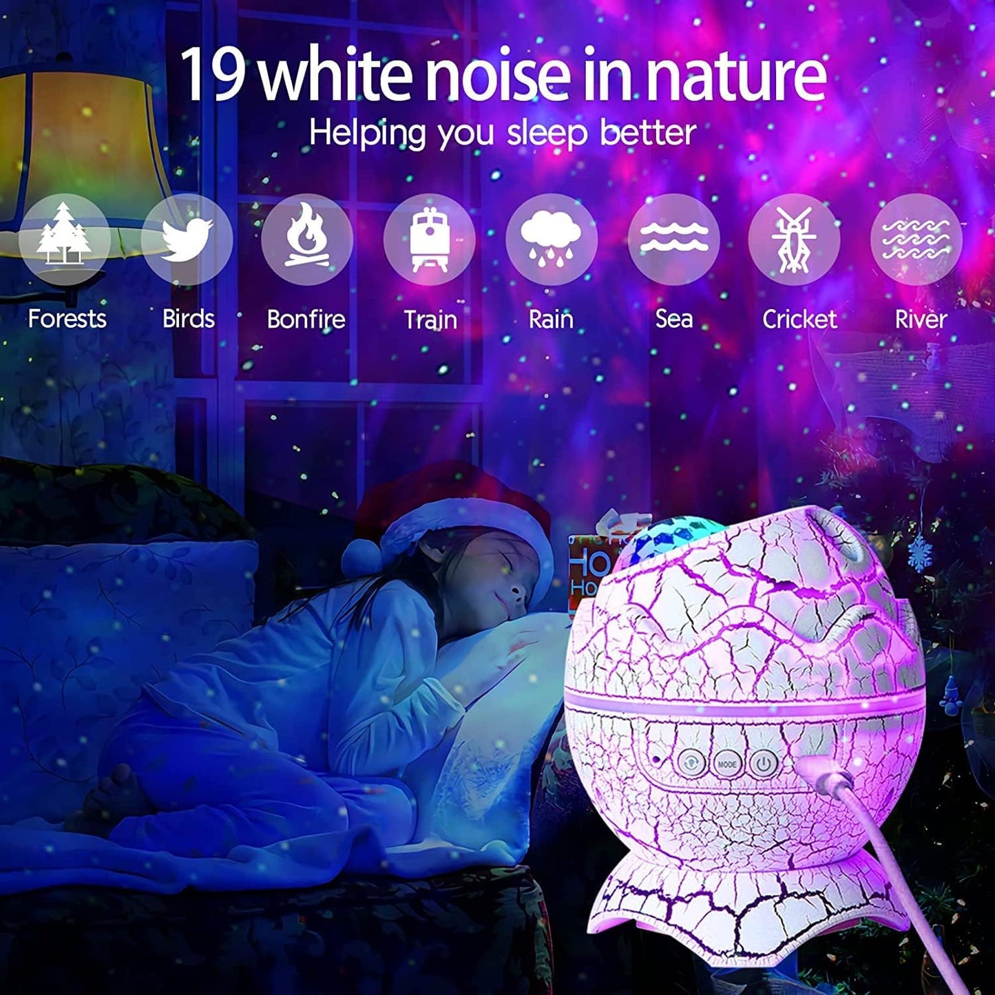 5-meter remote control and removable shell that converts the projector into a warm night light