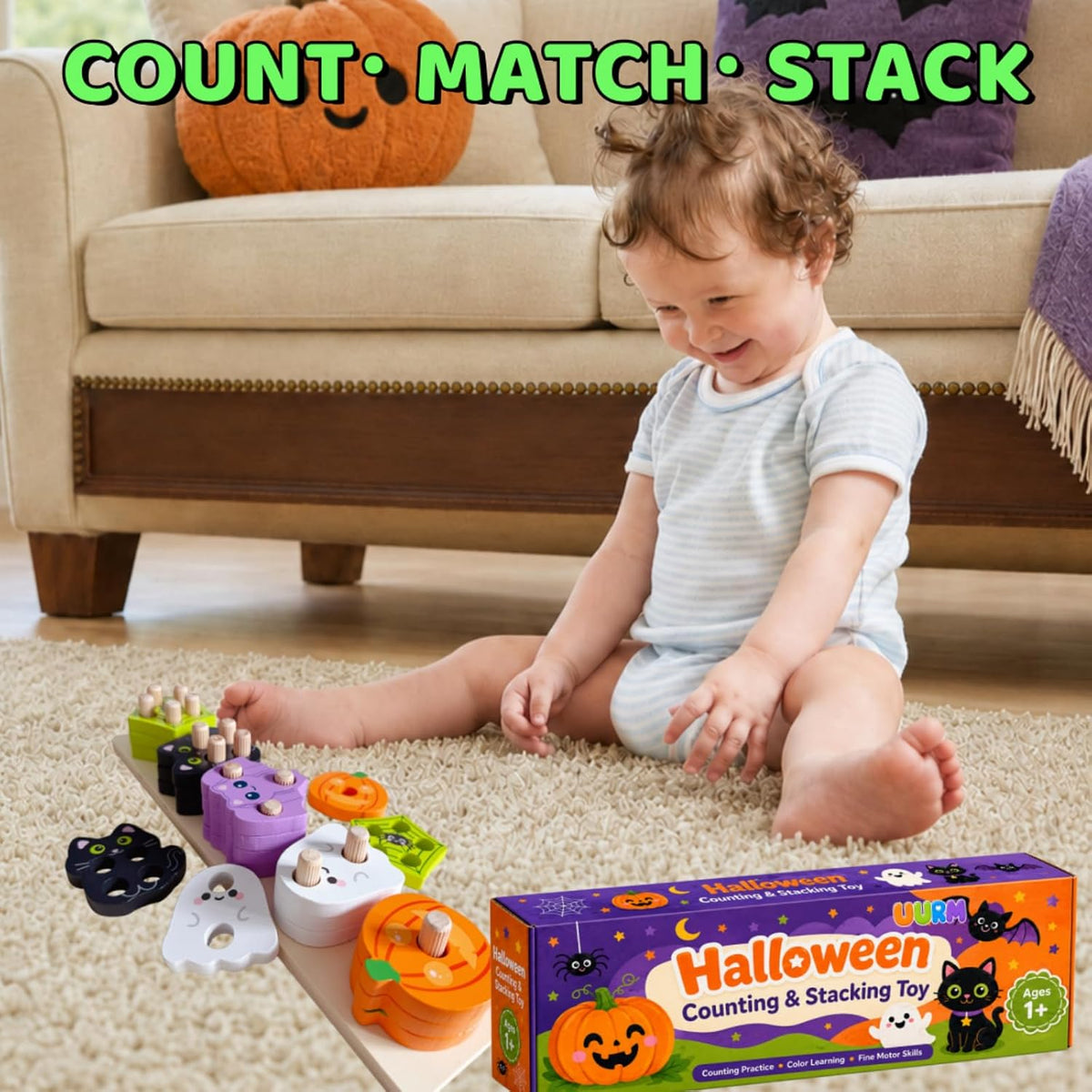 5 themed wooden characters (pumpkin, ghost, bat, black cat, spider web) each matching a distinct number 1-5