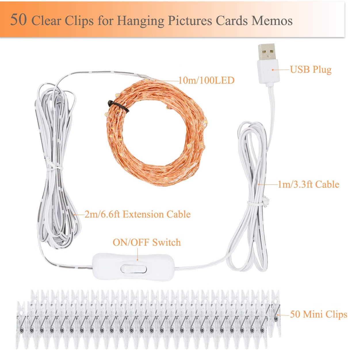 50 clear movable photo clips spaced along the wire