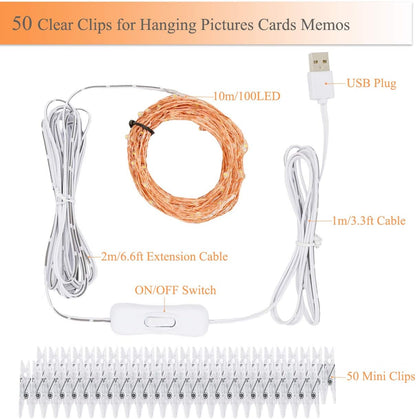50 clear movable photo clips spaced along the wire