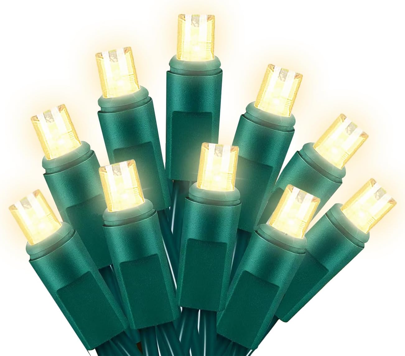 50-count 5mm wide-angle led bulbs spaced 6.3 inches apart on green wire over 25 feet