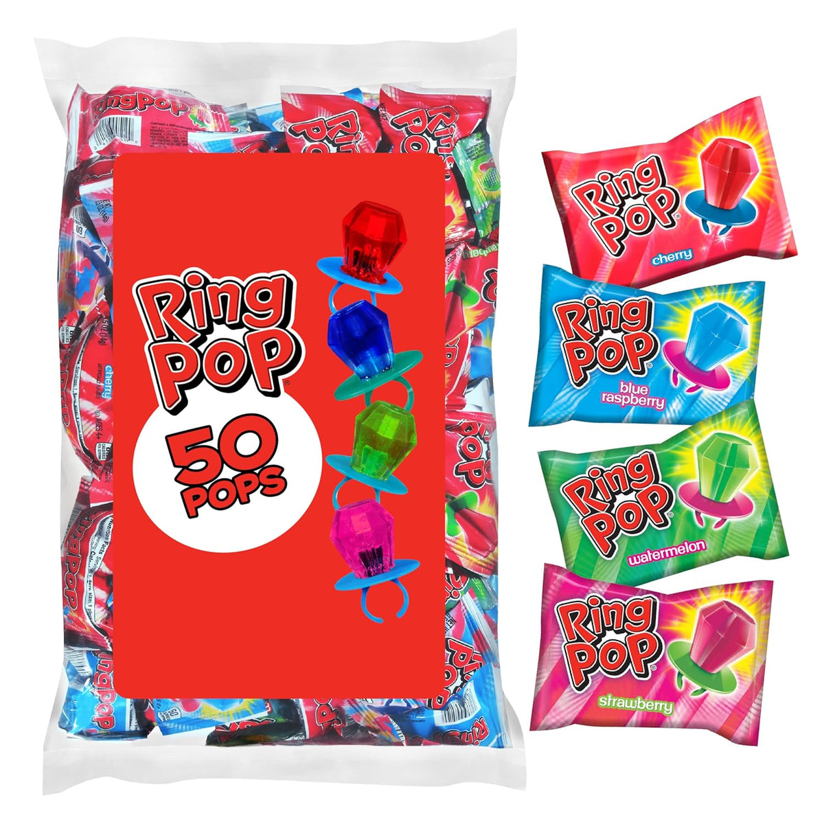 50 individually-wrapped ring pop lollipops per bag