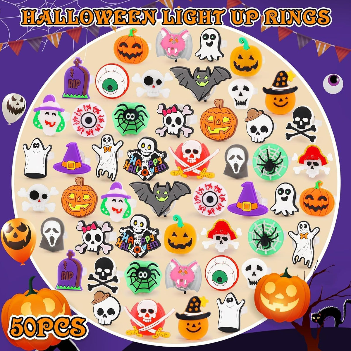 Stocking Stuffer and Party Favor Halloween LED Ring Set 50 Pack, Glow Toy Gift for Kids Trick or Treat Night