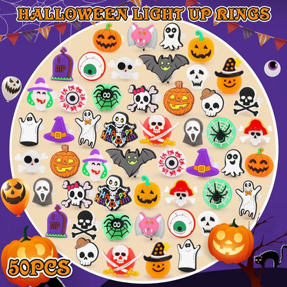 Stocking Stuffer and Party Favor Halloween LED Ring Set 50 Pack, Glow Toy Gift for Kids Trick or Treat Night