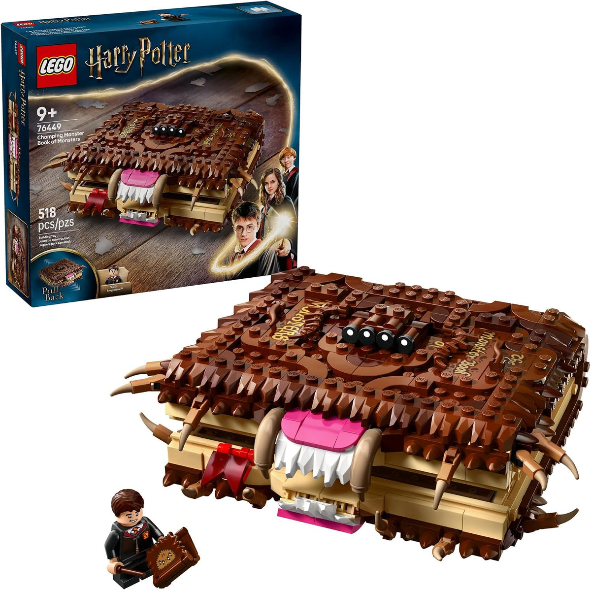 518 interlocking lego pieces forming a furry, fanged monster book replica