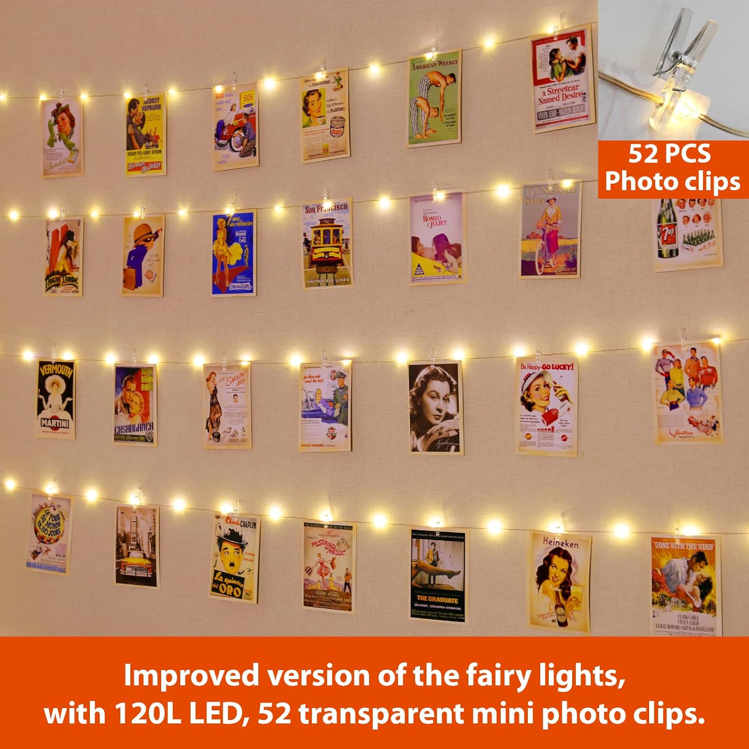 52 reusable clear plastic mini-clips for hanging photos, cards, and drawings