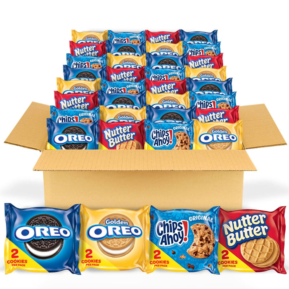 56 individually wrapped snack packs total (14 packs each of oreo original, oreo golden, chips ahoy!, and nutter butter)