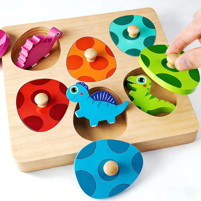 6 colorful wooden dinosaur eggs with easy-grasp knobs