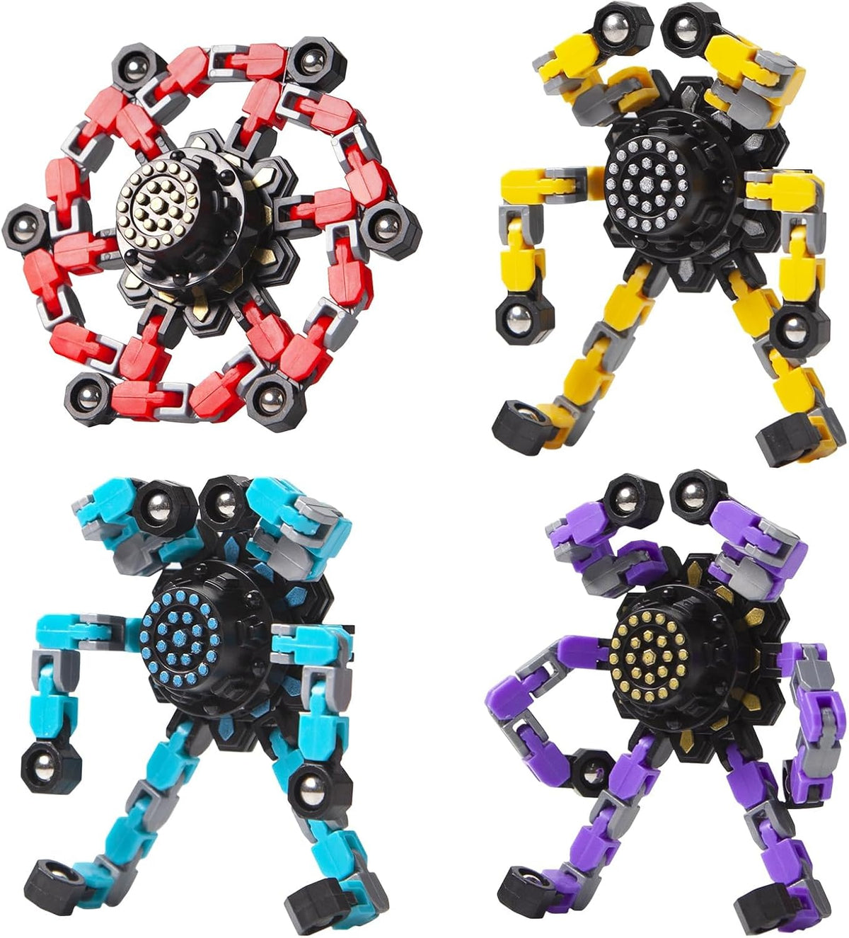 6 deformable chain links per spinner with 5 locking pivot positions enabling shape transformations (robots, phone holders, custom shapes)