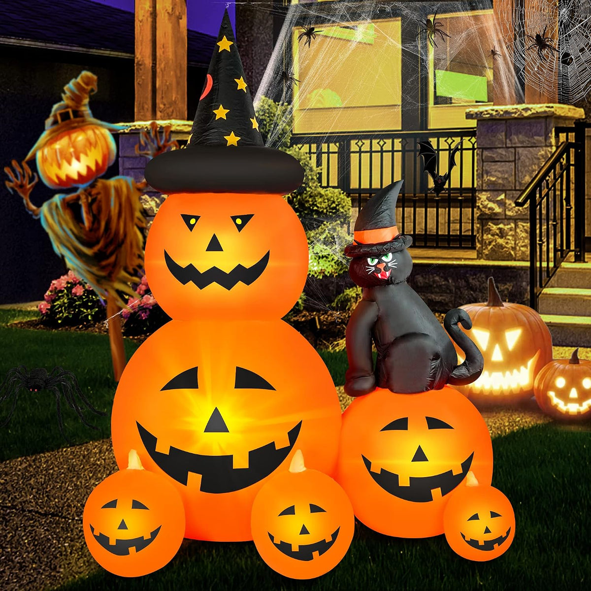 6 ft tall inflatable ghost pumpkin with witch's black cat design