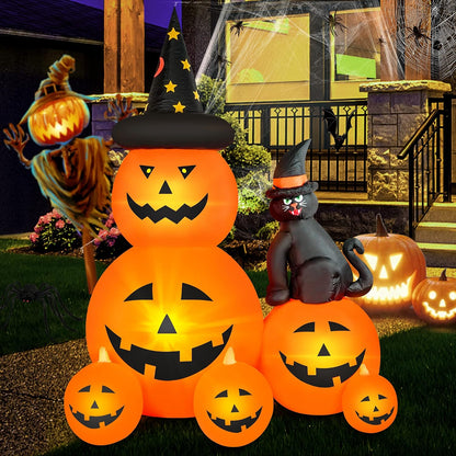 6 ft tall inflatable ghost pumpkin with witch's black cat design