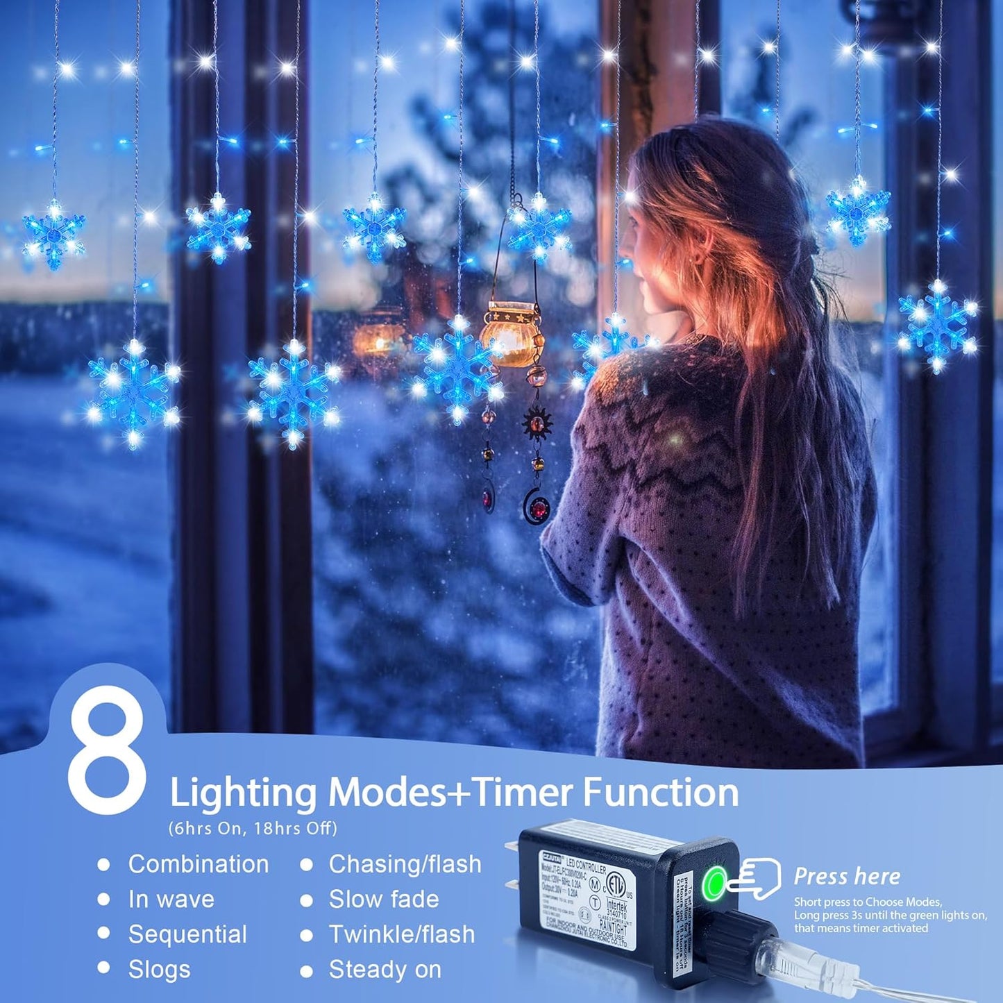 6-hour on / 18-hour off automatic timer activated by 3-second press