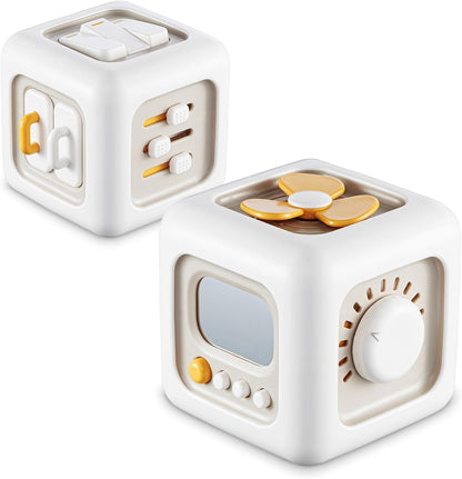 6-in-1 activity cube with six distinct learning stations (fine motor, sensory, problem-solving)