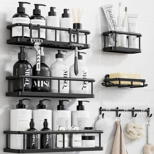 6-in-1 kit: 3 large caddies, 1 mini caddy, 1 soap holder, 6 adhesive pads, 2 little hooks, 1 row of hooks
