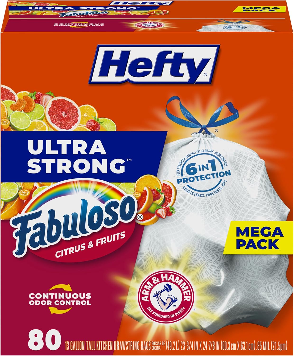 6-in-1 protection: flex strength, tough drawstring, patented odor control, and resistance to leaks, punctures, and rips