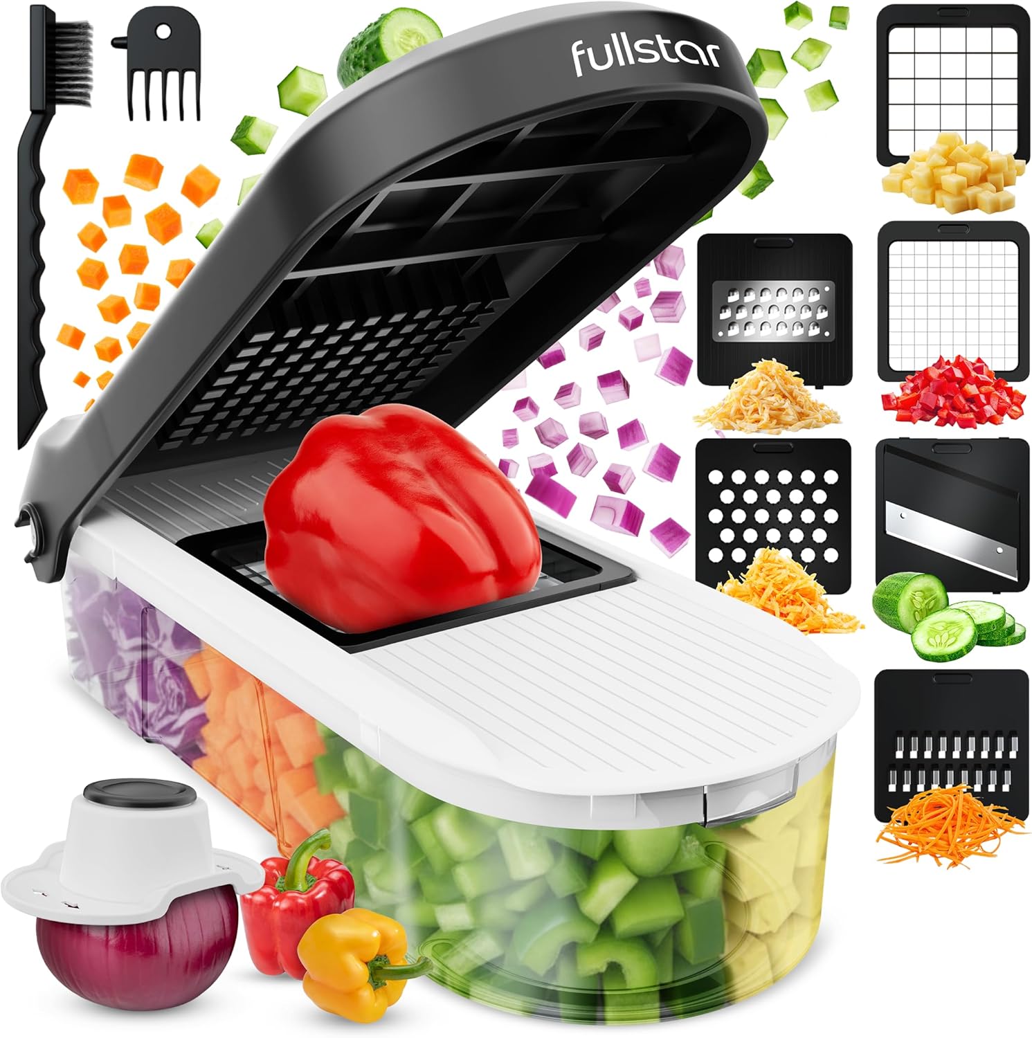 6 interchangeable 420j stainless steel blades (fine dicer, medium dicer, grater, coarse shredder, julienne, slicer)