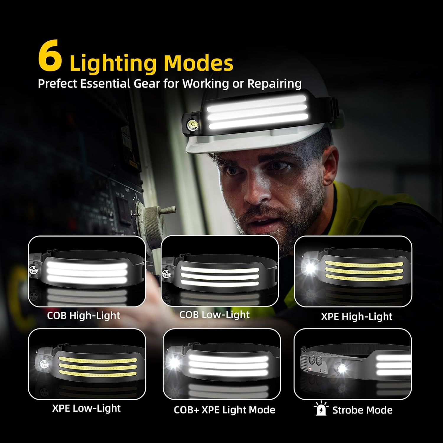 6 lighting modes: cob high/low, led high/low, cob+led combo, and strobe