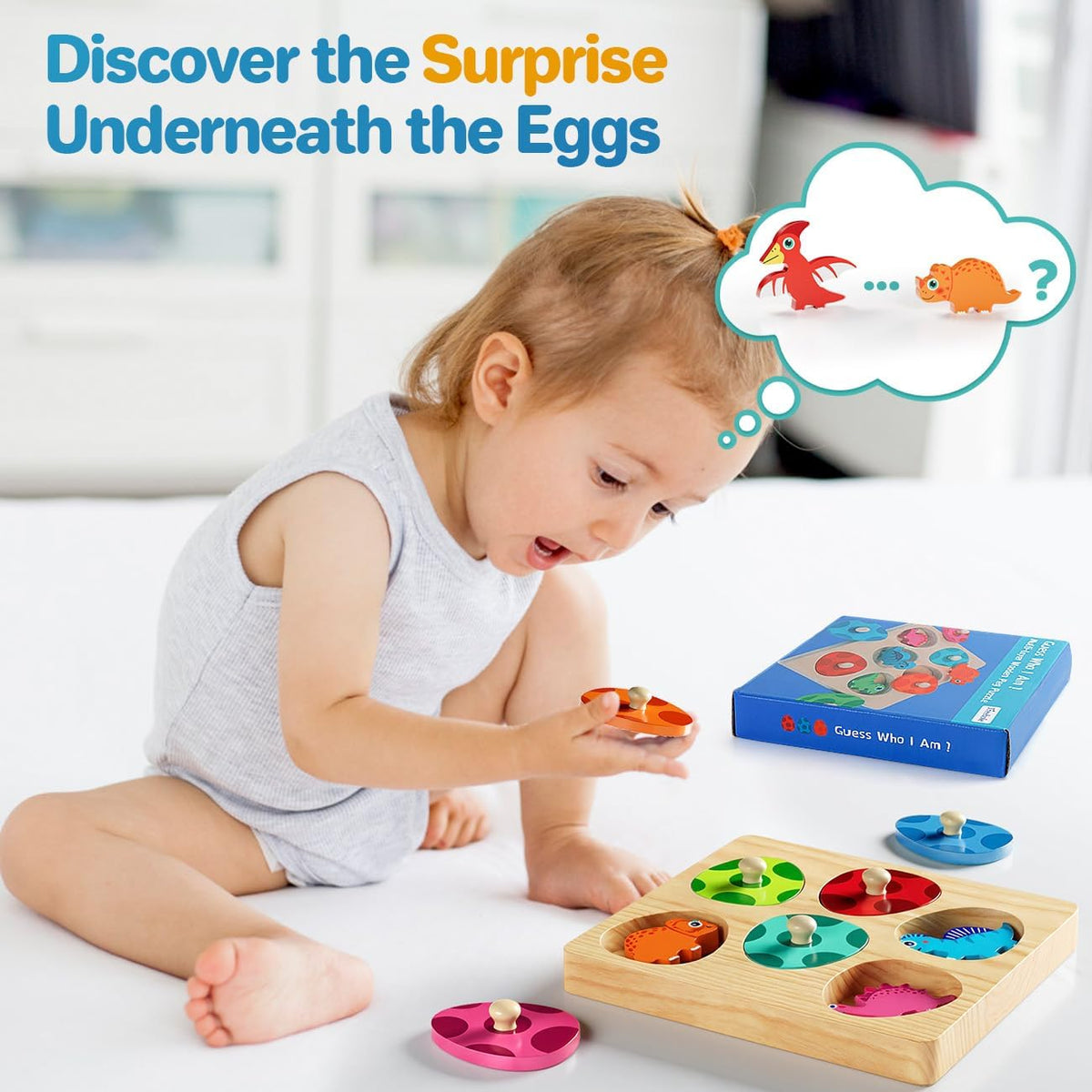 6 matching dinosaur puzzle pieces hidden under each egg