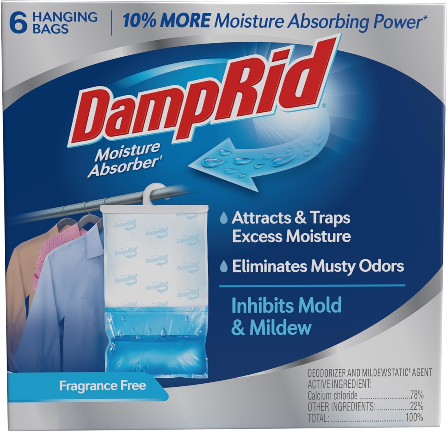 6-pack of 15.4 oz hanging moisture-absorbing bags with 10% more capacity than prior 14 oz version