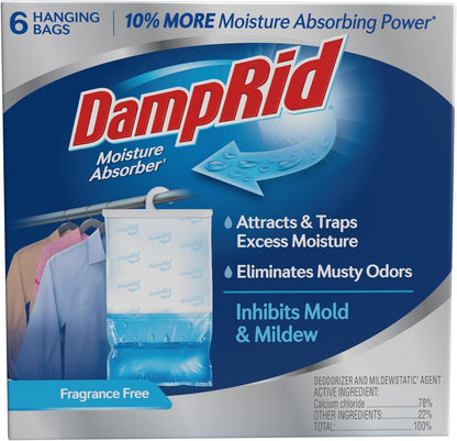 6-pack of 15.4 oz hanging moisture-absorbing bags with 10% more capacity than prior 14 oz version
