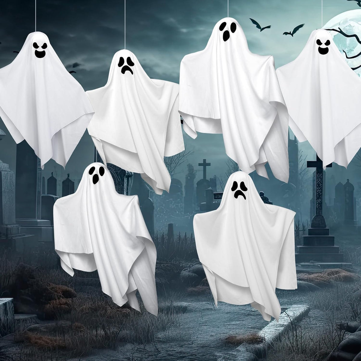 JOYIN 6 Pcs Halloween Hanging Ghosts – 19.6” Weatherproof Polyester Flying Ghosts for Patio, Porch, and Yard Tree Display