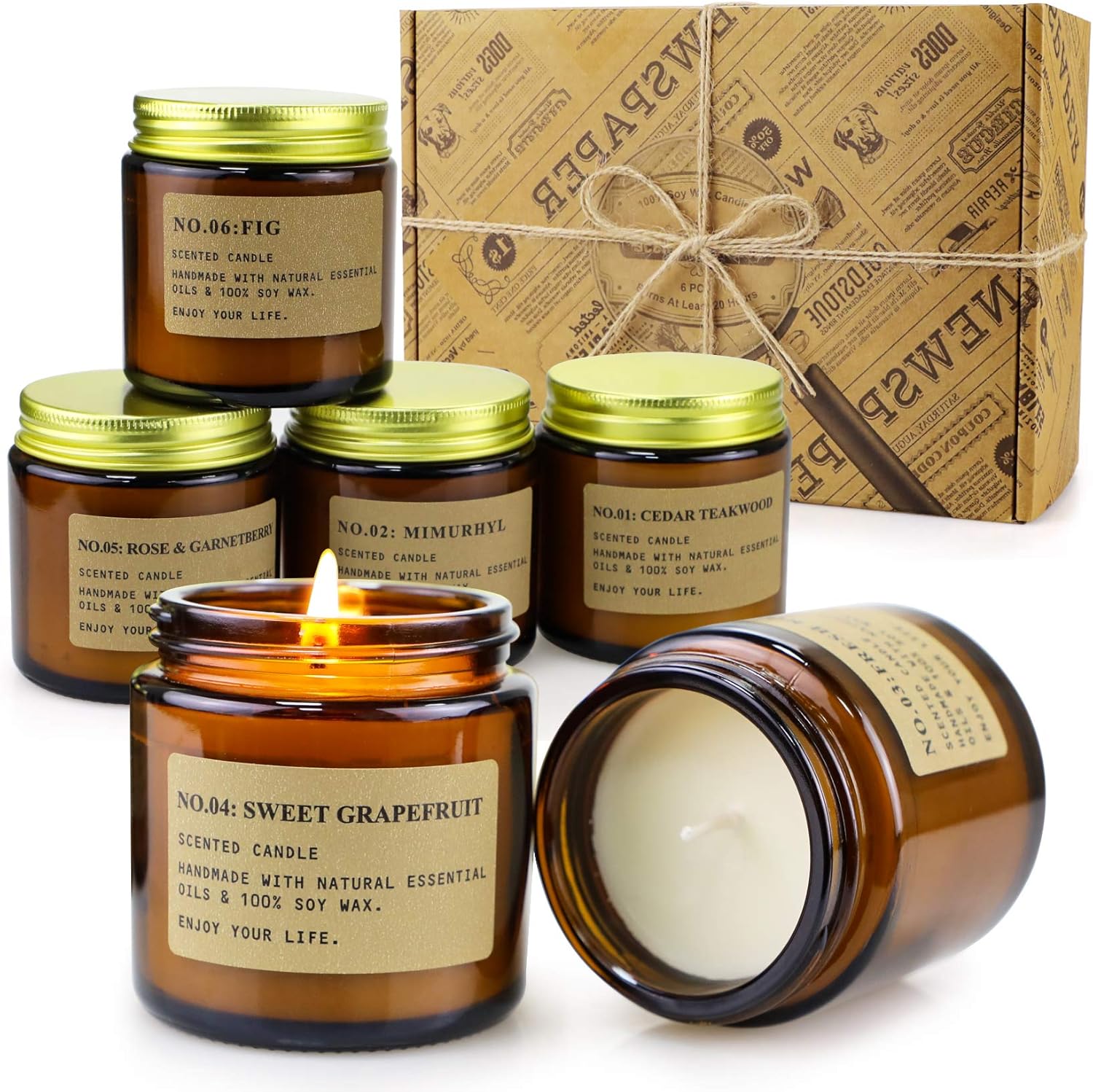 6 pack of 3.5 oz soy wax candles in giftable vintage kraft box (4 pack and themed packs also available)