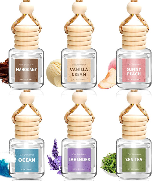 6-pack scent variety in 8ml glass bottles with wood lid (lavender, vanilla cream, zen tea, mahogany, sunny peach, ocean)