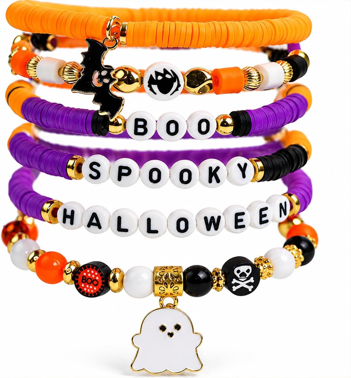 6-pack set of stretch halloween bracelets with "halloween" letter beads, pumpkin, and ghost charms