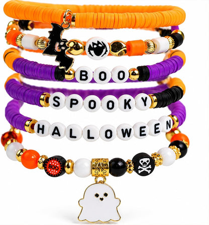 6-pack set of stretch halloween bracelets with "halloween" letter beads, pumpkin, and ghost charms
