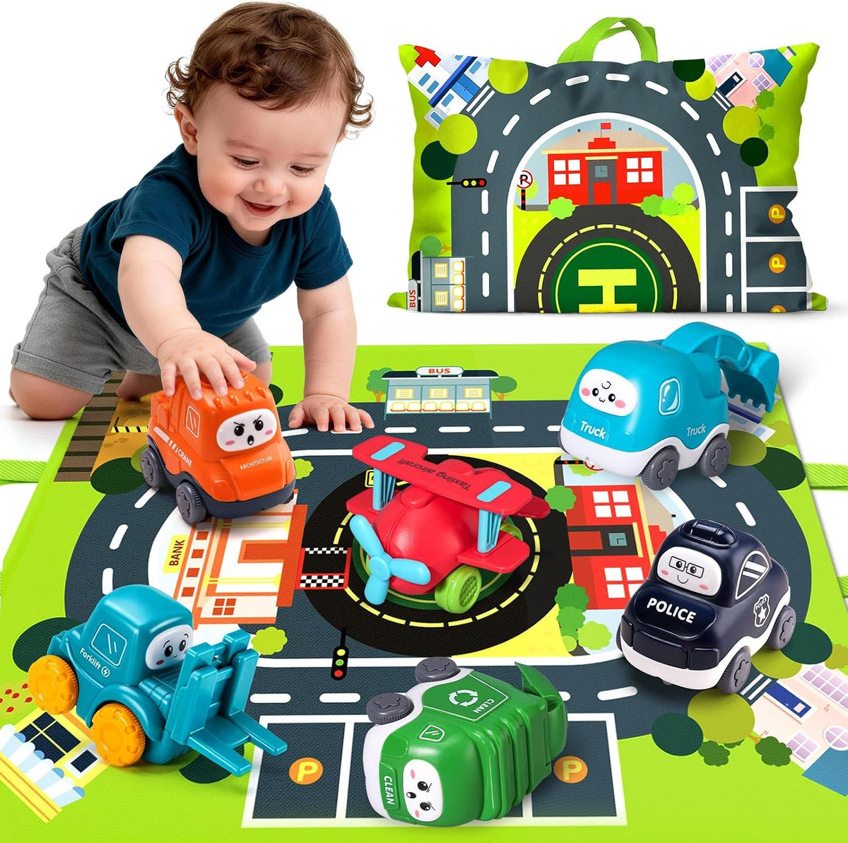6-piece vehicle set: excavator, crane, forklift, garbage truck, police car, biplane