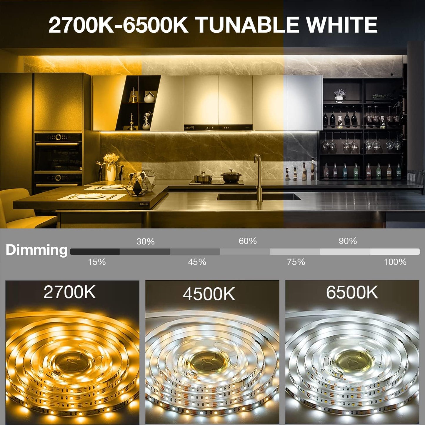 6 preset color temperatures from 2700k warm white to 6500k daylight, dimmable