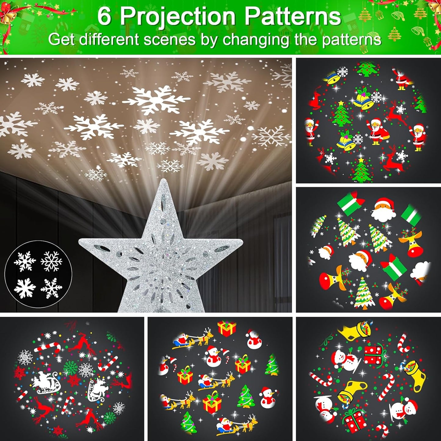 6 selectable projection patterns/modes for varied light shows