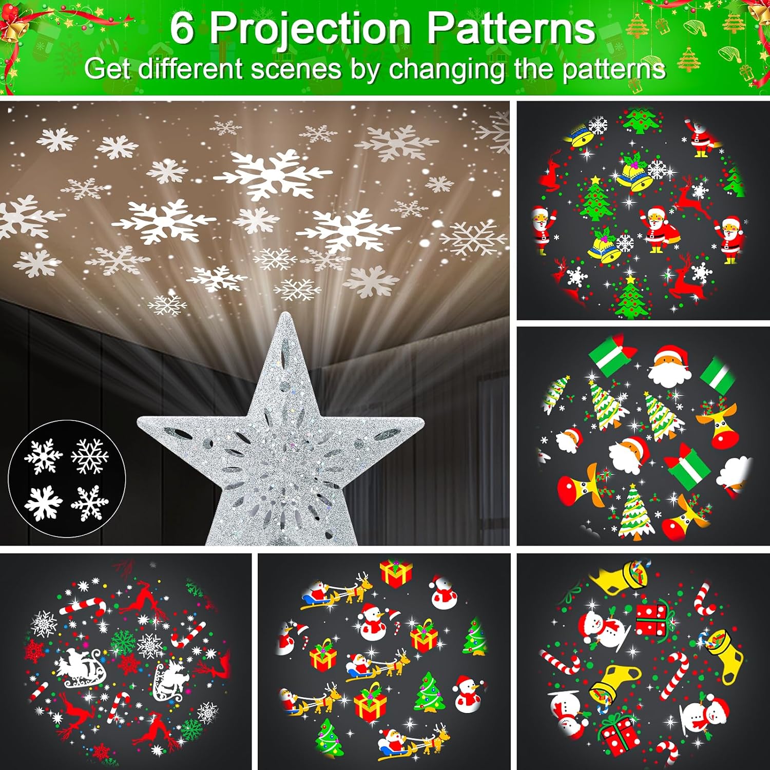 6 selectable projection patterns/modes for varied light shows