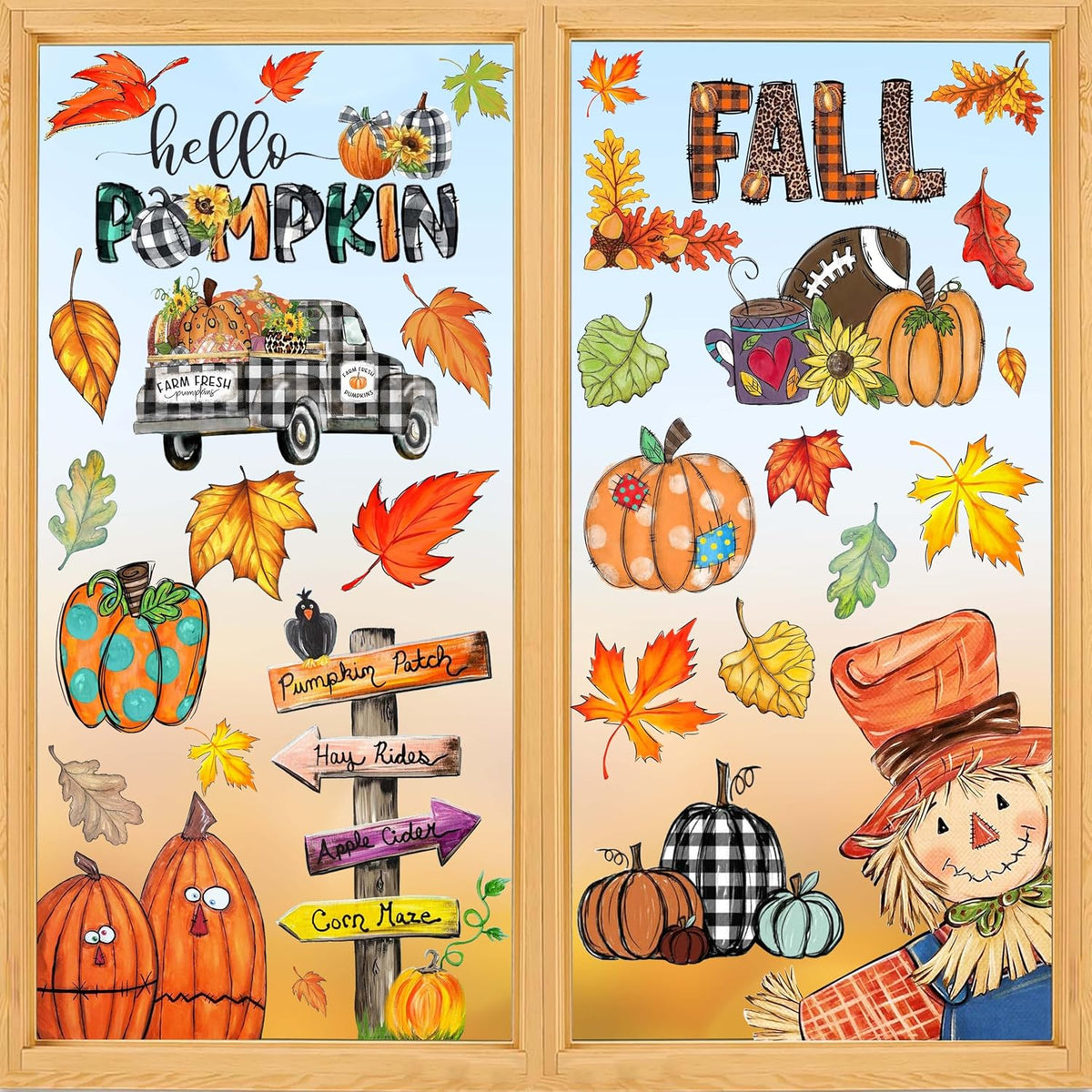 6 sheets per set with mixed fall designs (pumpkins, scarecrow, truck, maple leaves)