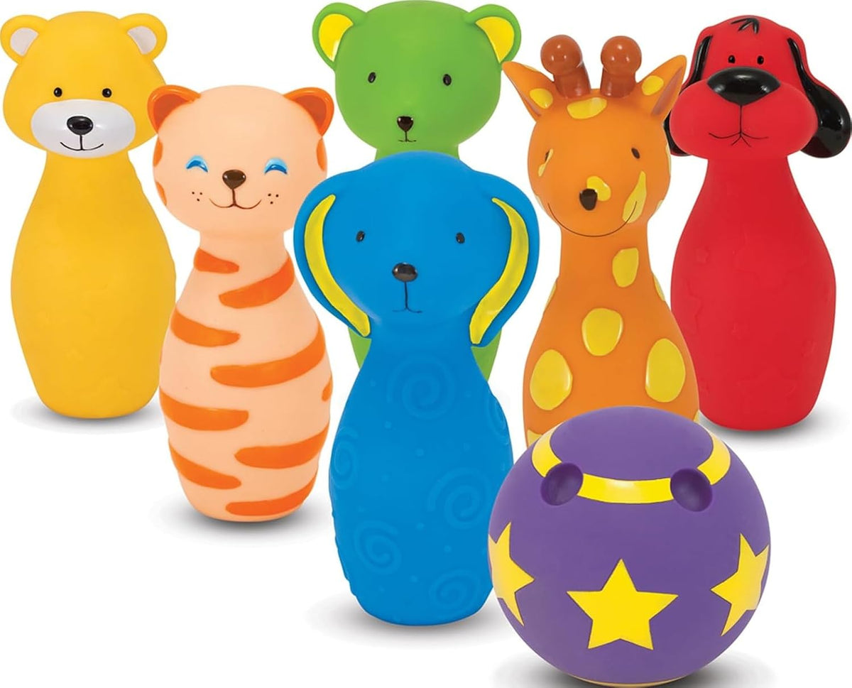 6 soft plastic animal-themed bowling pins with weighted bases for stability
