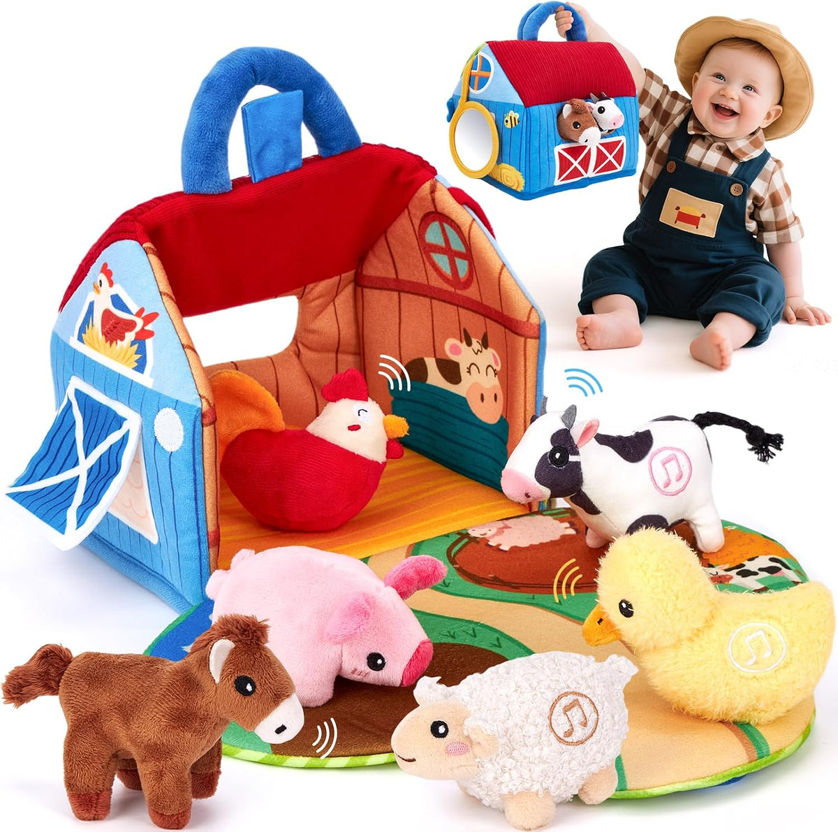 6 sound-activated plush farm animals (cow, pig, sheep, duck, pony, rooster) that each play realistic sounds and repeat the animal's name three times