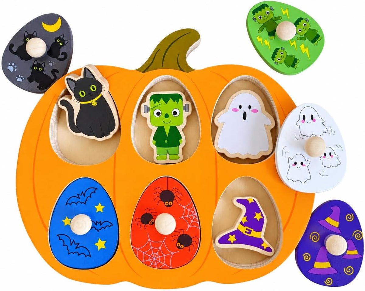 6 wooden peg puzzle pieces with smooth-grasp knobs designed for toddler grip