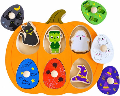 6 wooden peg puzzle pieces with smooth-grasp knobs designed for toddler grip